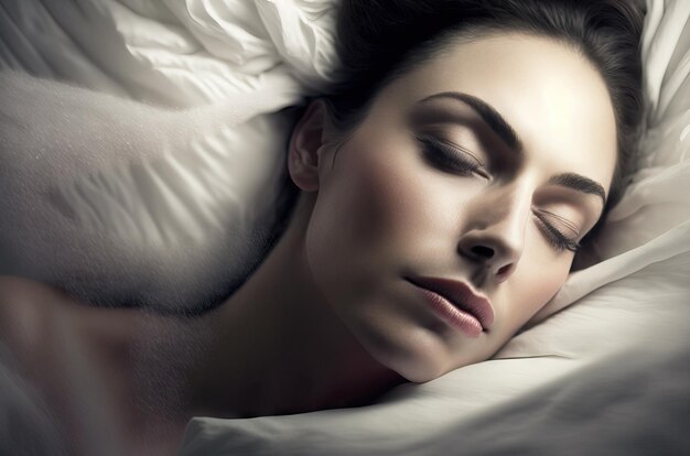 Schönheitsfrau schläft und entspannt sich auf einem bequemen Bett