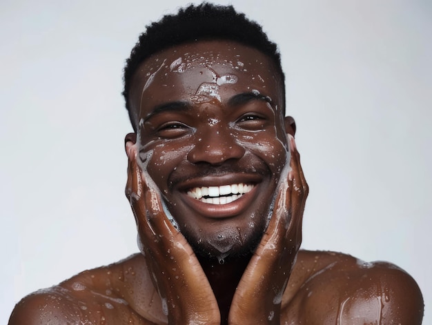 Schönheitsklinik, Hautpflege, hübsches schwarzes männliches Model, das mit dem Gesicht posiert