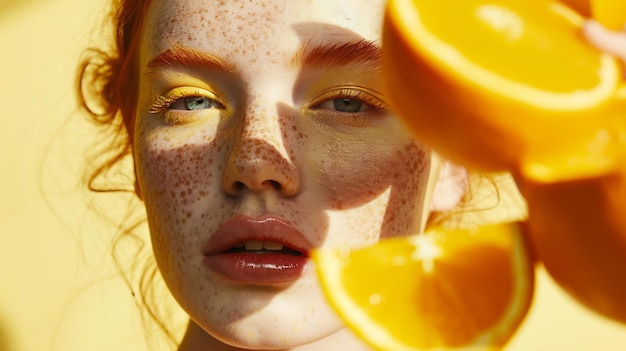 Schönheitsmodell Mädchen nimmt saftige Orangen Schönes fröhliches Teenager Mädchen mit Freckles lustig Generative KI