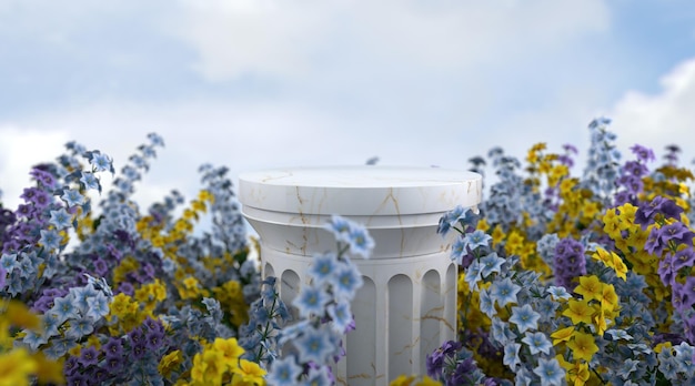 Schönheitspodiumkulisse mit blauer und gelber blumenfeldszene