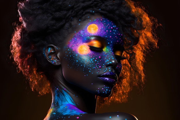 Schönheitsporträt einer Frau mit schwarzer Haut in ultravioletten Farbspritzern auf ihrem Gesicht Tropfen Blaue Make-up-Galaxie Sterne dunkelviolette Lippenfarbe 3D-Illustration