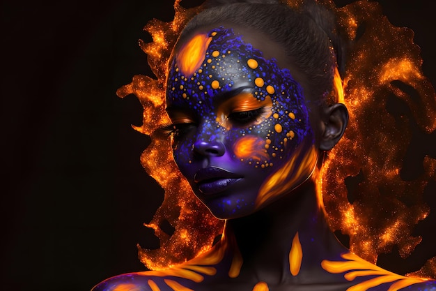 Schönheitsporträt einer Frau mit schwarzer Haut in ultravioletten Farbspritzern auf ihrem Gesicht Tropfen Blaue Make-up-Galaxie Sterne dunkelviolette Lippenfarbe 3D-Illustration