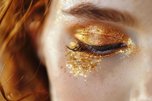 Schönheitsporträt einer jungen Frau mit schönem goldenem, hellen Make-up Generative KI