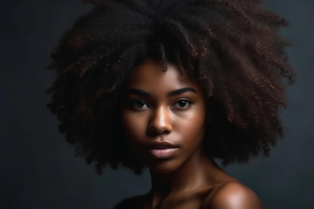 Schönheitsporträt eines afroamerikanischen Mädchens mit sauberer, gesunder Haut, schöner und ernster schwarzer Frau mit lockigem Afro-Haar
