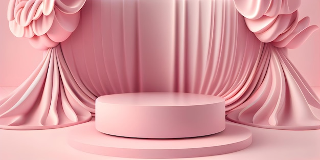 Schönheitsproduktdisplay mit abstraktem rosa Stoff 3D-Hintergrund und luxuriösem Sockel