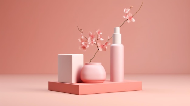 Schönheitsprodukte mit rosa Blüten auf zartrosa Hintergrund Kosmetik- und Hautpflegeprodukte