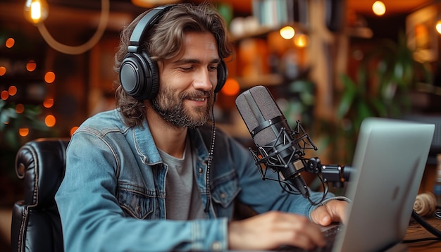 Schöpfer der Aufnahme von Podcast-Inhalten im Casual-Stil im kreativen Arbeitsraum