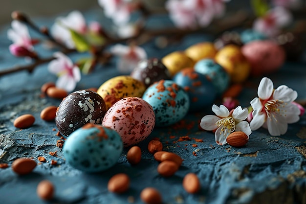 Schokolade-Eier und ein Zweig auf blauem Hintergrund