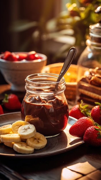 Schokolade in einem Glas mit Erdbeeren und Bananen auf dem Tisch Lebensmittelblogging Rezeptentwicklung Culi