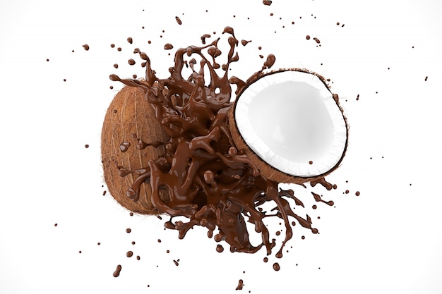 Schokolade mit Kokosnussfrucht auf weißem Hintergrund 3D Render