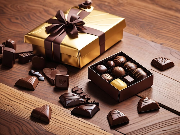 Schokolade und Geschenkkiste auf dem Holzboden