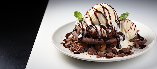 Foto schokoladen-brownie-eisbecher ein dekadentes dessert mit warmem schokoladen-brownie, vanilleeis, schlagsahne und schokoladensauce, generiert mit ki