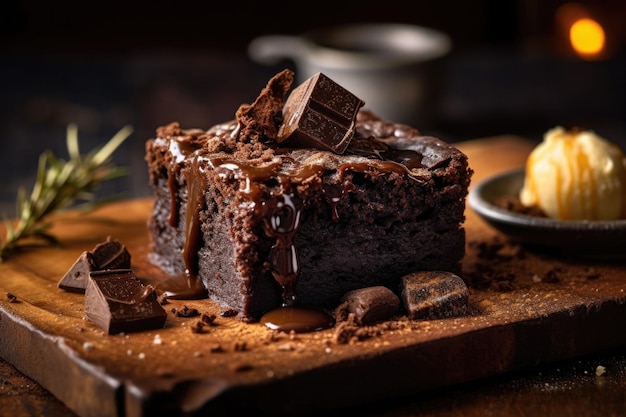 Schokoladen-Brownie-Kuchen auf rustikalem Holztisch Reichhaltiger Schokoladenfondant mit klebriger Mitte Generative KI