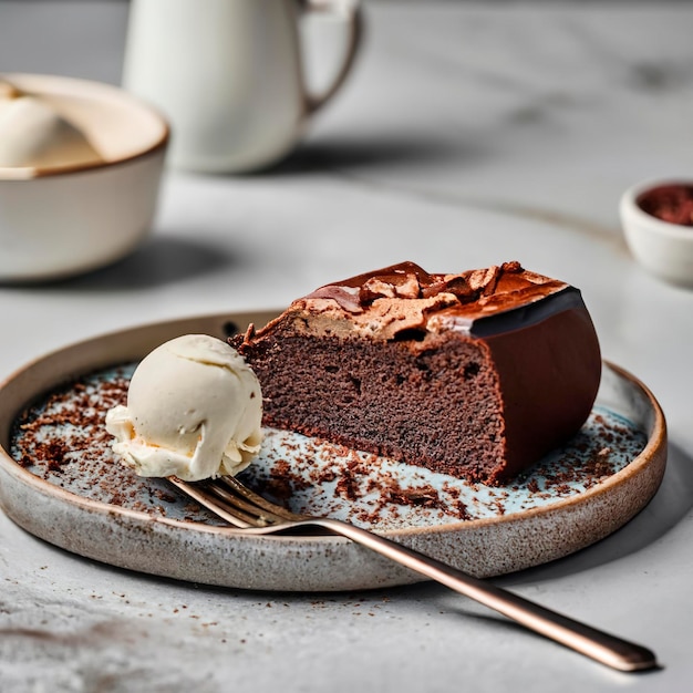 Schokoladen-Brownie-Kuchen mit einer Kugel Eis