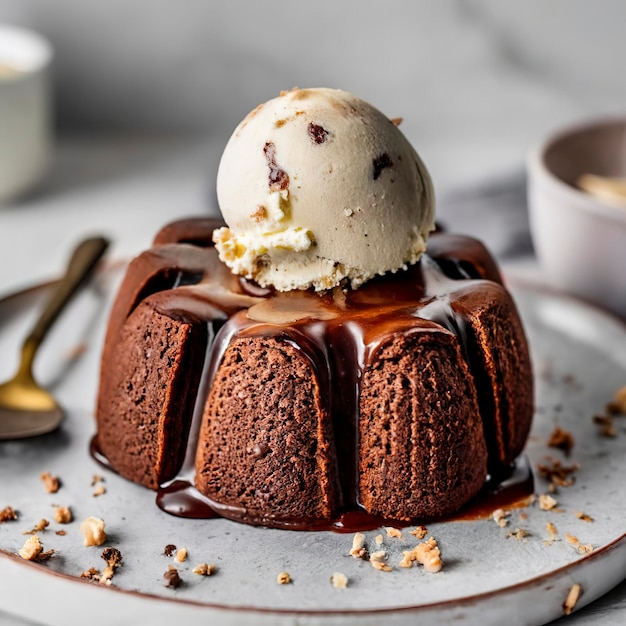 Schokoladen-Brownie-Kuchen mit einer Kugel Eis