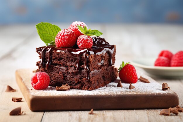 Schokoladen-Brownie mit Himbeeren auf Holzhintergrund