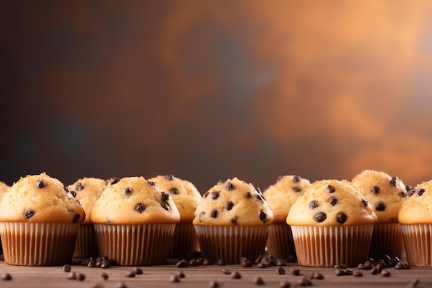 Schokoladen-Chip-Muffins auf braunem Hintergrund mit Kopierraum