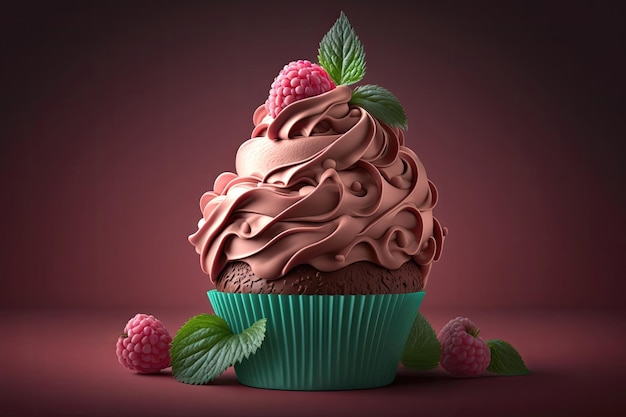 Foto schokoladen-creme-cupcake mit himbeer-süßspeise gebackenes essen generative ai