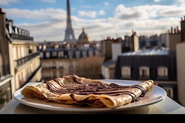 Foto schokoladen-crêpe auf einer terrasse mit blick auf die generative luft von paris