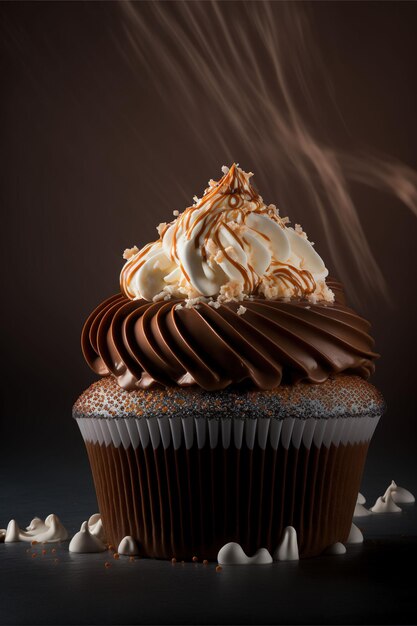 Foto schokoladen-cupcake mit buttercreme und schlagsahne und karamell darauf