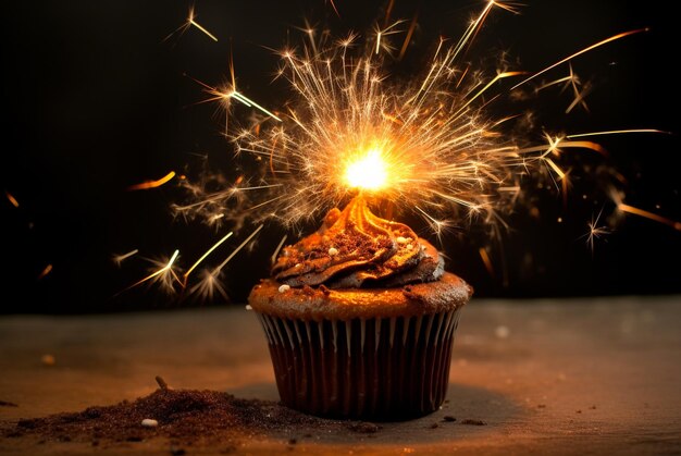 Schokoladen-Cupcake mit Feuerkerze, Feiertagsgrußkarte, generative KI