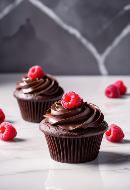 Schokoladen-Cupcake mit Himbeeren auf weißem Boden