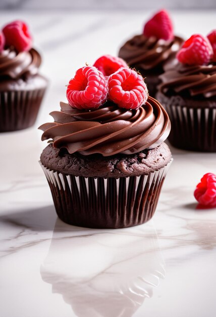 Schokoladen-Cupcake mit Himbeeren auf weißem Boden