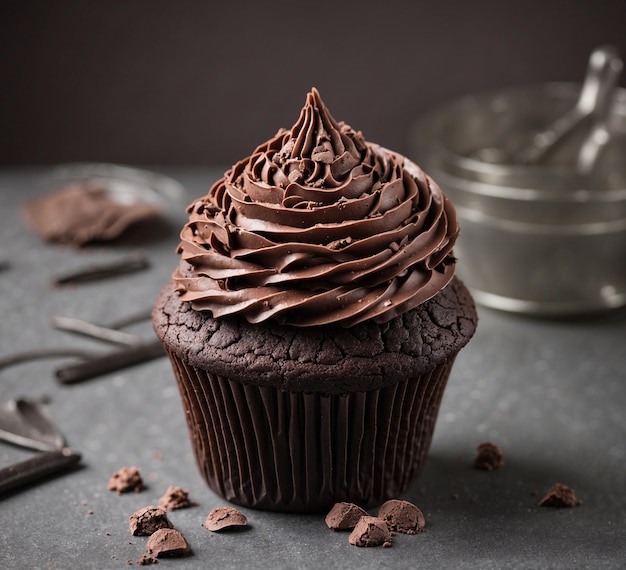 Schokoladen Cupcake mit Schokoladencreme auf dunklem Hintergrund Toned