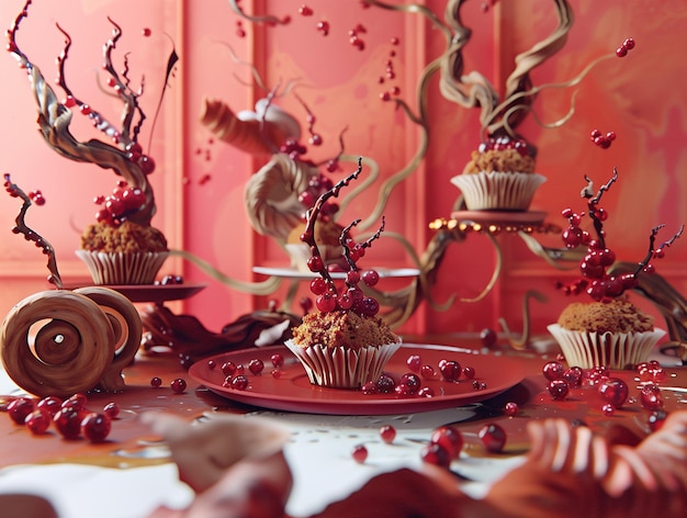 Schokoladen-Cupcakes mit Beeren auf dem Tisch Roter Hintergrund