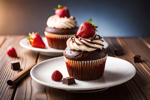 Schokoladen-Cupcakes mit einer Erdbeere obendrauf