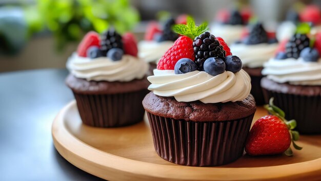 Schokoladen-Cupcakes mit Glasur und frischen Beeren