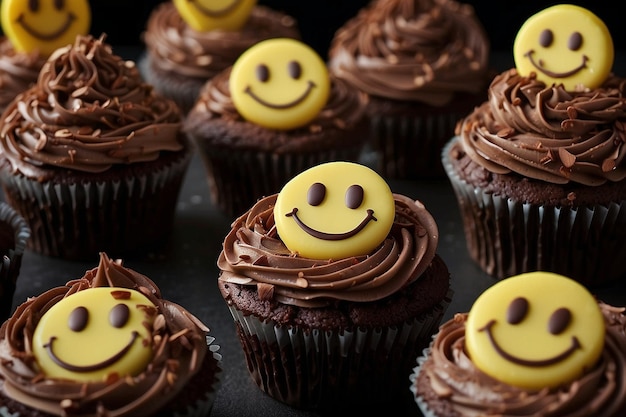 Schokoladen Cupcakes mit lächelnden Gesichtern auf dunklem Hintergrund Nahaufnahme ar c v