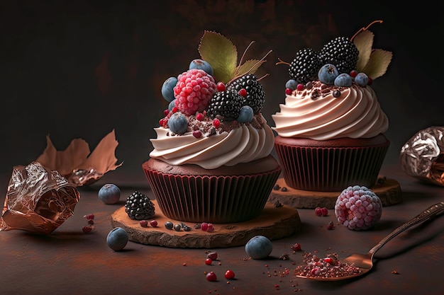 Schokoladen-Cupcakes mit zarter Sahne und Dekoration in Form von Beeren