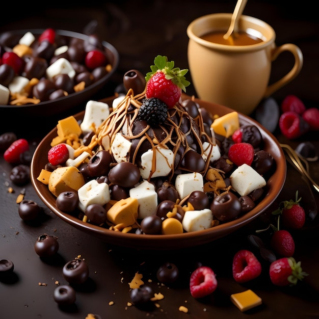 Schokoladen-Dessert mit Beeren und Kaffee auf hölzernem Hintergrund Selektiver Fokus generativ ai