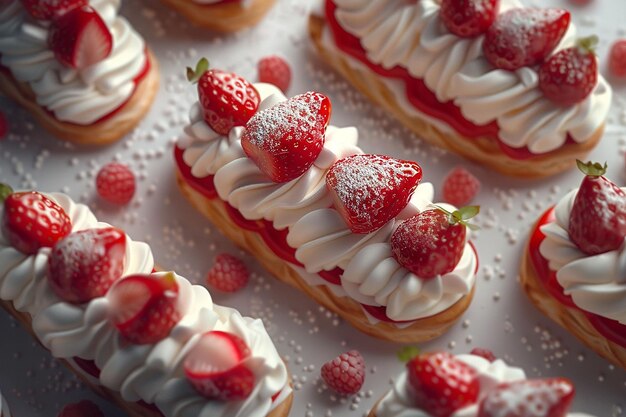 Schokoladen-Eclairs mit Beeren im Hintergrund