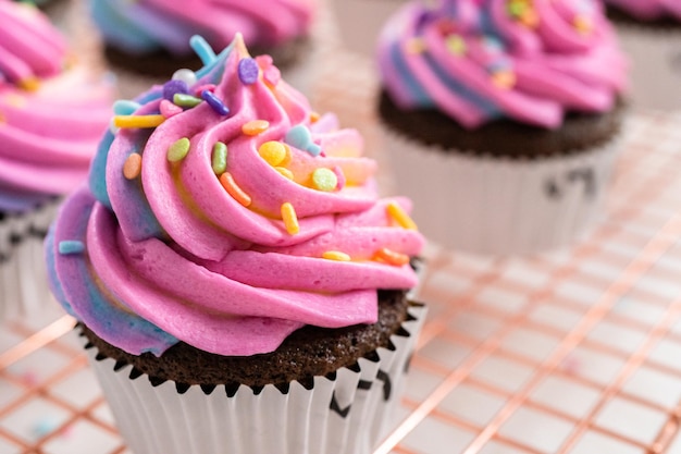 Schokoladen-Einhorn-Cupcakes mit bunter Buttercreme-Glasur und Streuseln dekorieren.