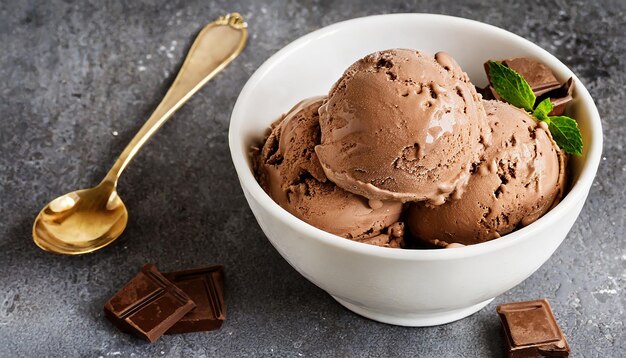 Schokoladen-Eis mit Minzblättern in einer Schüssel