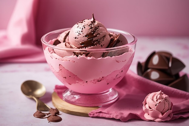 Schokoladen-Eiscreme in einer rosa Glasschüssel