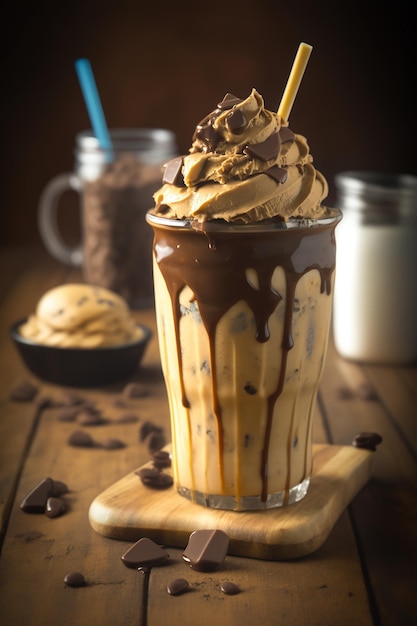 Schokoladen-Erdnussbutter-Eiskaffee mit Schlagsahne und Schokoladenraspeln obendrauf