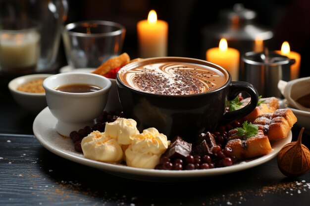 Foto schokoladen-fondue auf dem tisch in einem café-hintergrund foto realistische ki-generierte