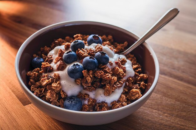 Schokoladen Frühstück Granola mit Milch und Blaubeeren