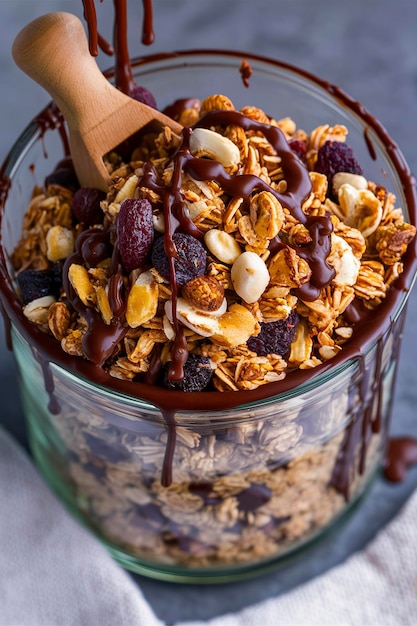 Schokoladen Frühstücks-Granola in einem Glaskrug