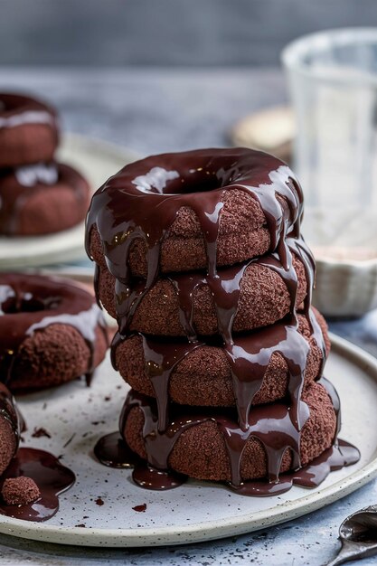 Schokoladen gebackene Donuts, gestapelt mit Schokoladenglaze, die überströmt wird