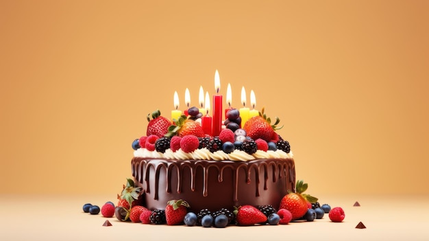 Schokoladen-Geburtstagstorte mit frischen Früchten, Erdbeeren, Blaubeeren, Preiselbeeren und Kerze auf Licht