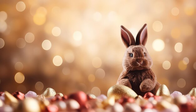 Schokoladen Hase auf dem Hintergrund von verschwommenen Lichtern Osternkonzept