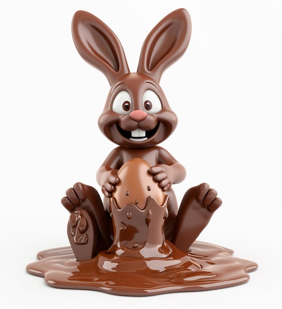 Schokoladen Hase sitzt in Schokoladensauce und hält ein Ostereier 3D