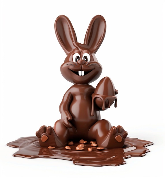 Schokoladen Hase sitzt in Schokoladensauce und hält ein Ostereier 3D