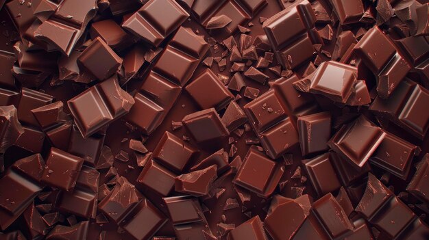 Schokoladen-Hintergrund viele Schokoladenstücke und zerbrochene Stäbe Top-View flach gelegt Welt-Schokoladen-Tag