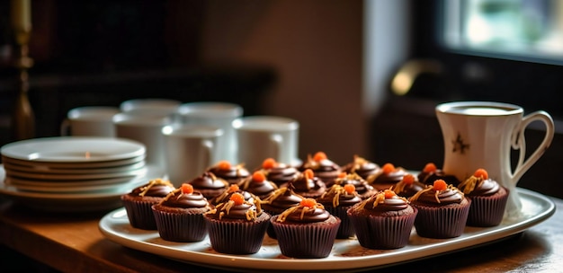 Schokoladen-Hochzeits-Cupcakes auf einem Tablett, aufgereiht neben Tassen Kaffee