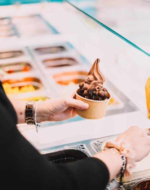 Schokoladen-Joghurt-Eis mit Sirup.